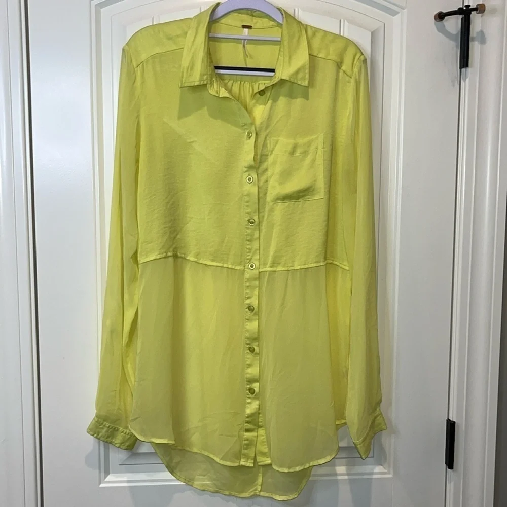 Free People tennis ball yellow semi sheer oversized lightweight Button Down M